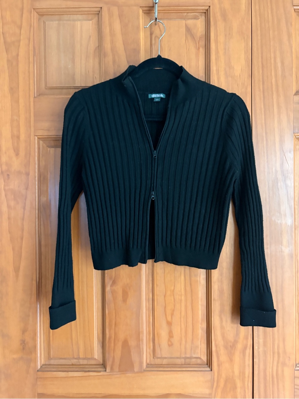 Cropped Double Zipper Ribbed Knit Cardigan Black Size Large